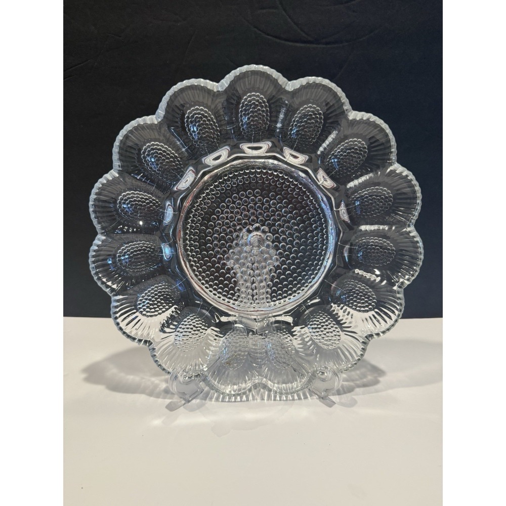 Vintage Anchor Hocking Moonstone Deviled Egg Plate Clear Glass 10" Hobnail